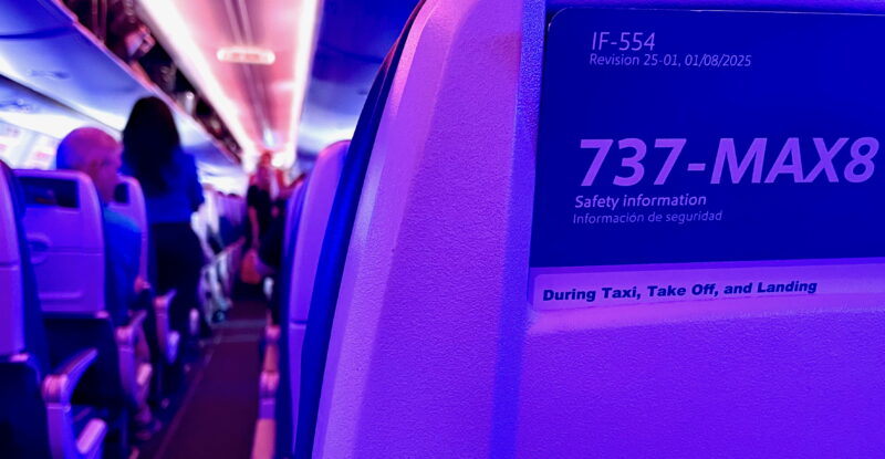Seat and safety card on a Boeing 737 MAX 8.