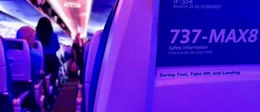 Seat and safety card on a Boeing 737 MAX 8.