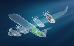 Rendering of hydrogen-powered fuel cell engine mounted on an aircraft.