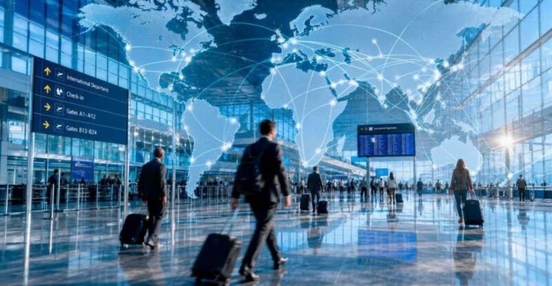 A busy airport with a map overlayed on it.