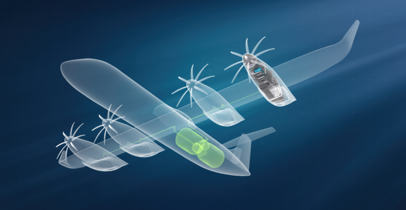 Rendering of hydrogen-powered fuel cell engine mounted on an aircraft.