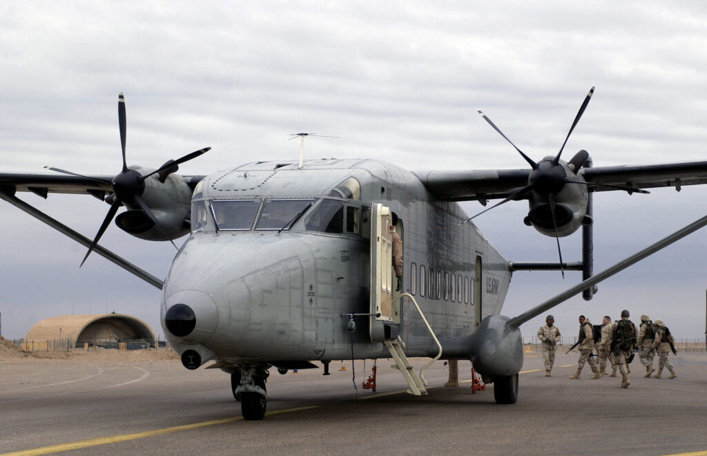A US Army (USA) C-23B Sherpa aircraft assigned to Company H, 171st Aviation Regiment unloads Soldiers at an undisclosed airfield in Iraq, during Operation IRAQI FREEDOM.