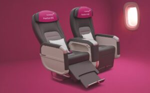 Eurowings Premium BIZ Seat in grey with pink head rests.