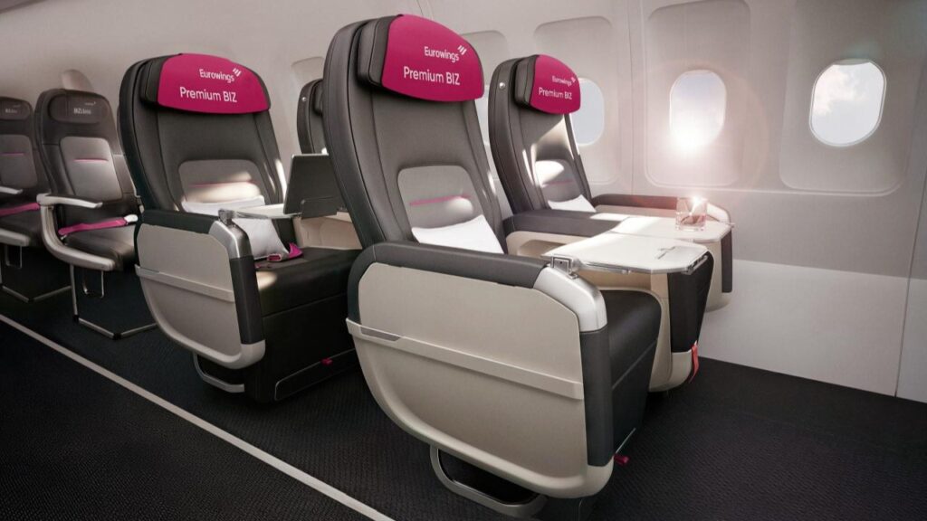 Eurowings Premium BIZ Seat in grey with pink head rests, as seen on the A320neo