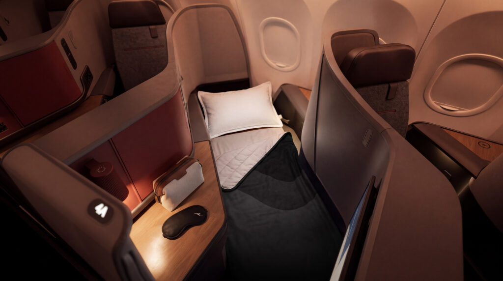 Qantas A321XLR Business Suite in lie-flat mode.