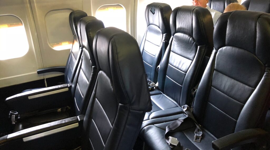 The interior cabin of the Allegiant McDonnell Douglas MD80 from 2018.