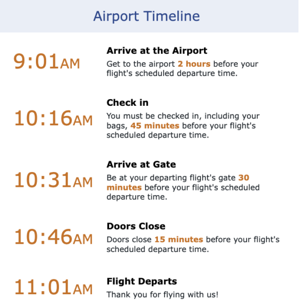 Allegiant's Airport timeline, as sent to passengers.