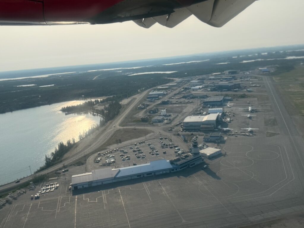Looking out of the aircraft over the airport.