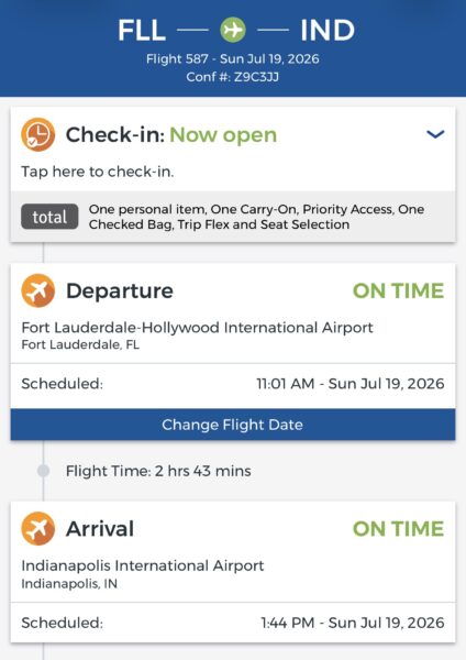 Check-in page on the Allegiant app.