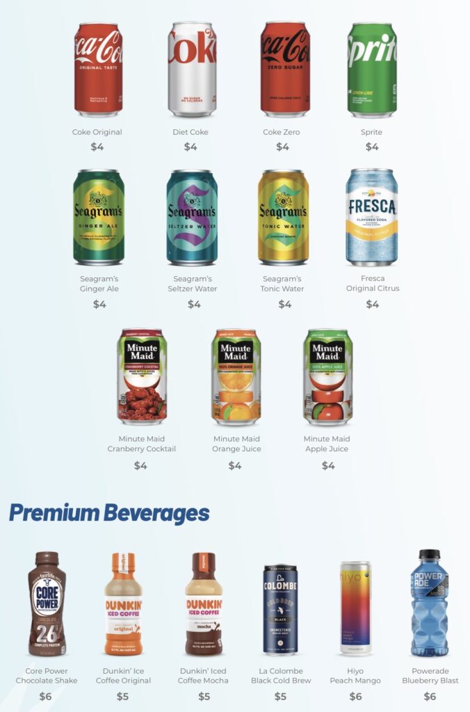 A line up of beverages available for purchase on the menu