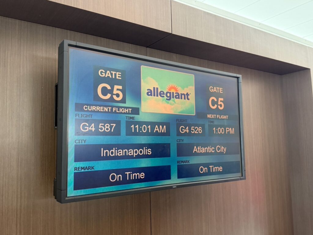 Gate screen for passengers of the Allegiant flight.
