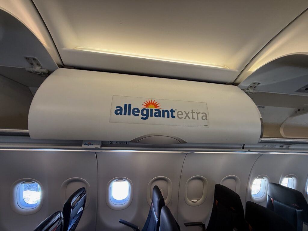 Overhead bins on the Allegiant aircraft.