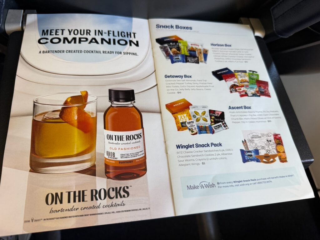 An image of the various snacks offered for passengers in flight.