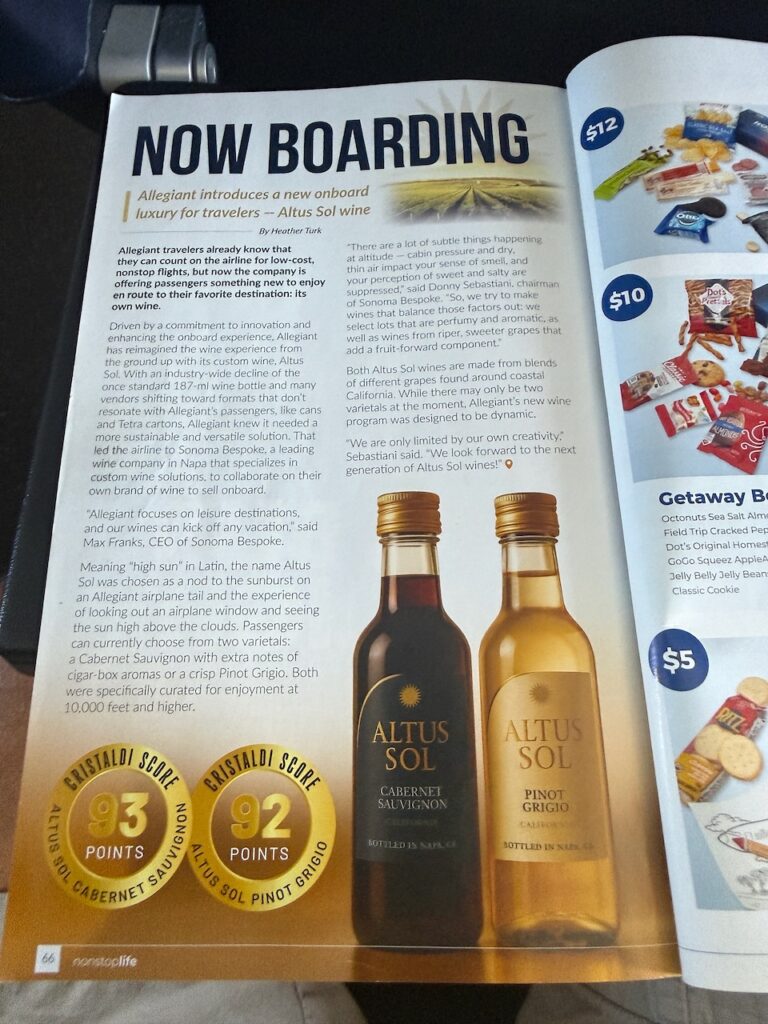 A photo of the wine offered in flight.