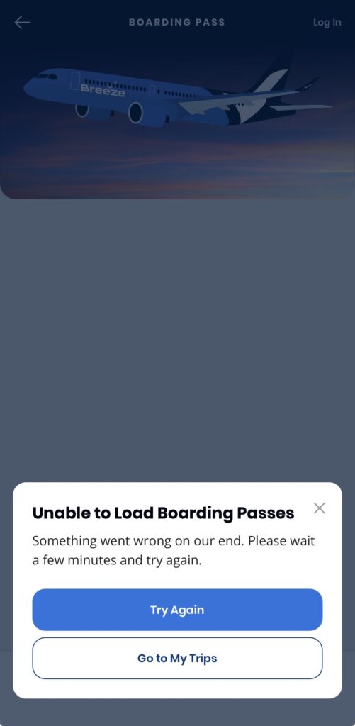 A screenshot of the passengers mobile device is showing the boarding pass error. 