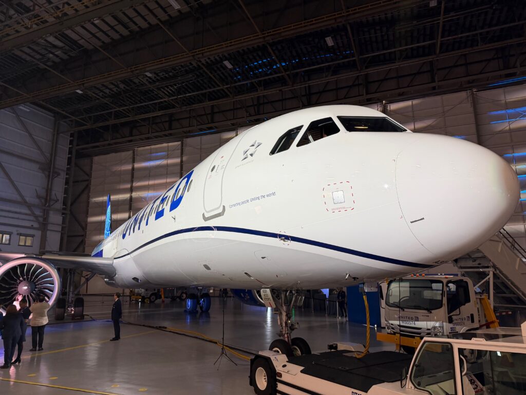 Close up of the A321XLR in the Newark hangar