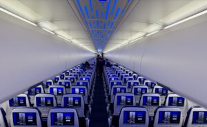 Rows of economy class seats with seatback IFE screens on United Airlines' first A321XLR