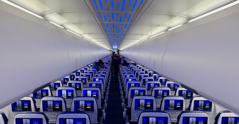 Rows of economy class seats with seatback IFE screens on United Airlines' first A321XLR