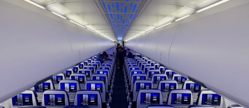 Rows of economy class seats with seatback IFE screens on United Airlines' first A321XLR