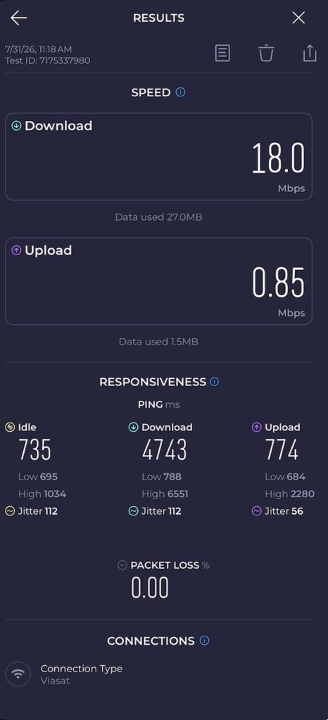 A screenshot showing the speed test for inflight connectivity.