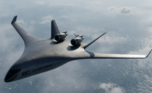Rendering of JetZero Z4 flying over the ocean.
