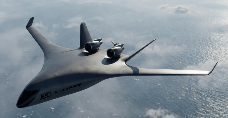 Rendering of JetZero Z4 flying over the ocean.