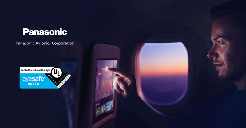 Panasonic and Eyesafe logos are placed on top of an image of a passenger using Astrova IFE.