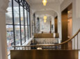Booths overlook the rail shed in the Eurostar Premier Lounge in Paris.