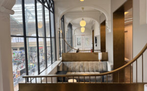 Booths overlook the rail shed in the Eurostar Premier Lounge in Paris.