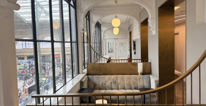 Booths overlook the rail shed in the Eurostar Premier Lounge in Paris.