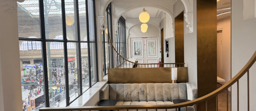 Booths overlook the rail shed in the Eurostar Premier Lounge in Paris.