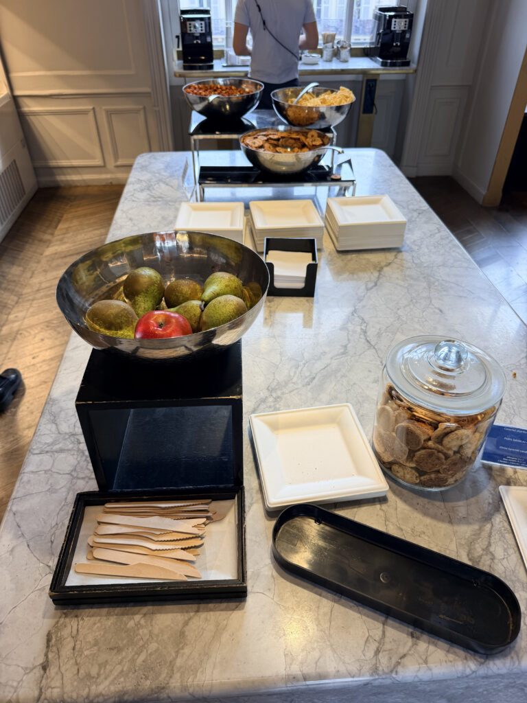 A buffet area is set up for passengers in the Eurostar Premier Lounge.
