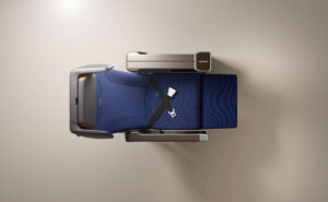 Overhead view of RECARO R4 Premium class seat in blue with grey headrests.