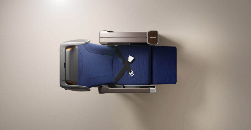 Overhead view of RECARO R4 Premium class seat in blue with grey headrests.