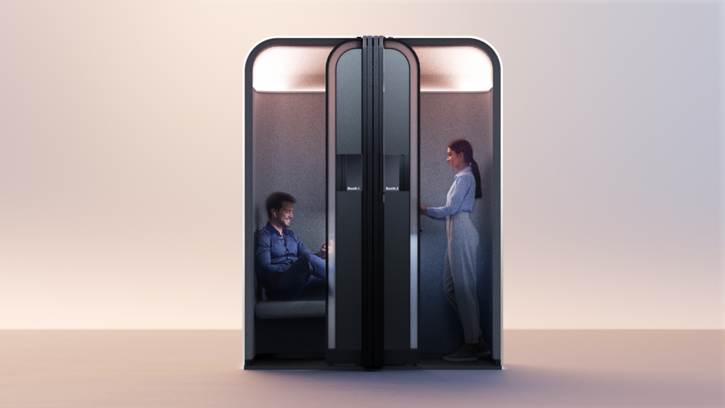 Rendering of two booths; one shows a passenger seated for a call, while the other shows a passenger working on their laptop while standing