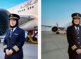 Captain Hanan Mohammed Jawad in front of an Emirates 777 and Captain Hanan Mohammed Jawad in front of an Emirates 777
