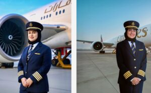 Captain Hanan Mohammed Jawad in front of an Emirates 777 and Captain Hanan Mohammed Jawad in front of an Emirates 777