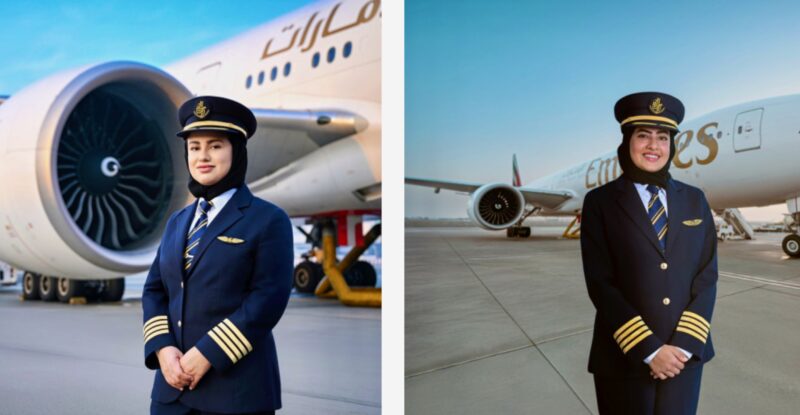 Captain Hanan Mohammed Jawad in front of an Emirates 777 and Captain Hanan Mohammed Jawad in front of an Emirates 777