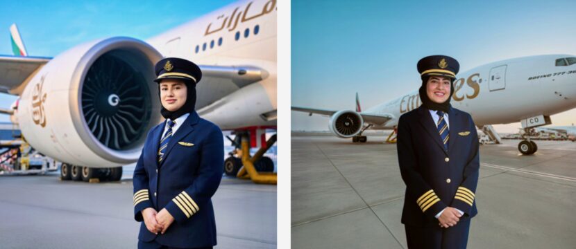 Captain Hanan Mohammed Jawad in front of an Emirates 777 and Captain Hanan Mohammed Jawad in front of an Emirates 777