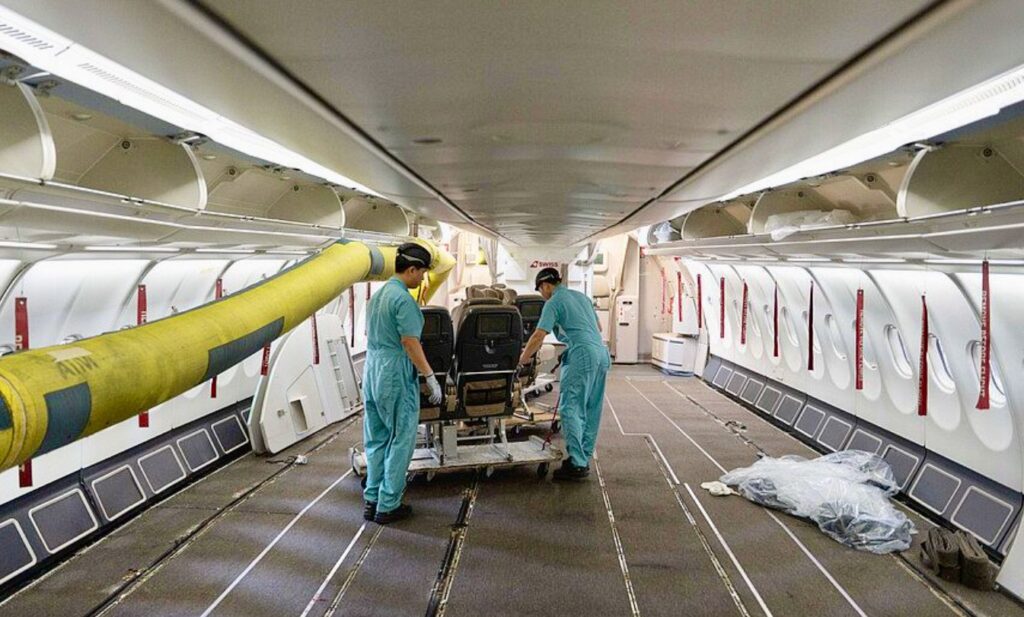 Inside the SWISS A330 being fitted with Senses by HAECO 