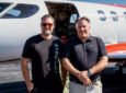 SyberJet CEO Trevor Milton (left) and pilot Gordon “Gordy” Bryan (right) in front of the record-setting SJ30-2 following the transcontinental flight.
