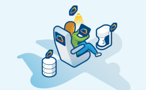 A graphic of a passenger in an aircraft seat using Axinom On-Board Cloud.