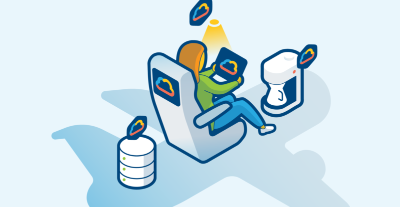 A graphic of a passenger in an aircraft seat using Axinom On-Board Cloud.
