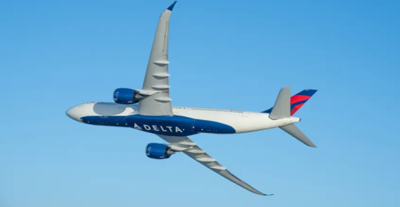 Looking at a Delta aircraft in flight.