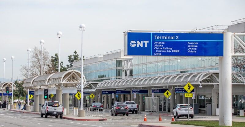 Outside a busy Ontario International Airport.