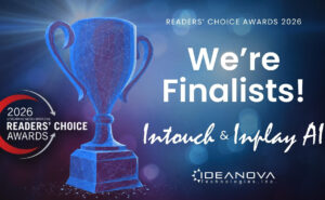 An image of a trophy in blue with the words "We're Finalists!"