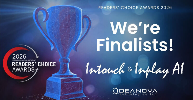 An image of a trophy in blue with the words "We're Finalists!"