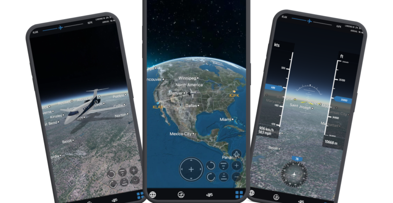 FlightPath3D interface is displayed on 3 different mobile devices.