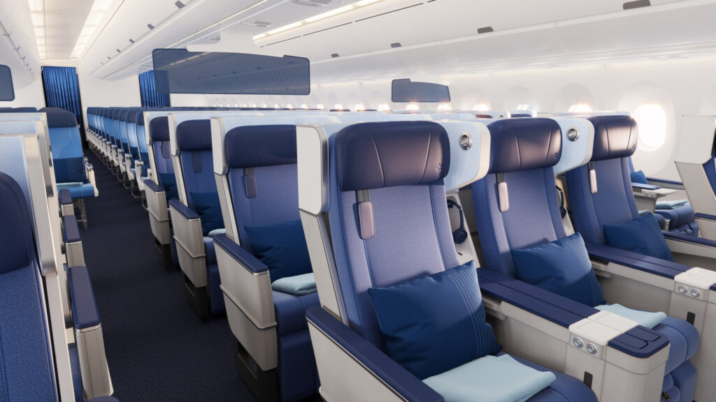 Edelweiss premium economy cabin on the Airbus A350 features wider seats