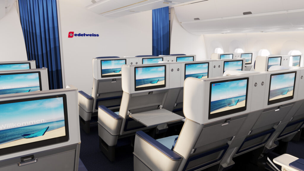 Edelweiss premium economy cabin on the Airbus A350 with IFE screens in the frame